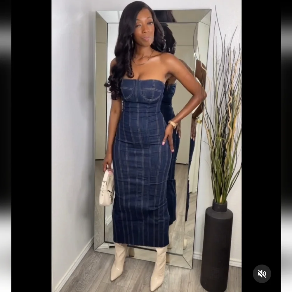 Zara Blue Strapless Midi Dress - Picture 7 of 16